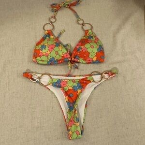Floral Print String Bikini COLORFUL Size Medium